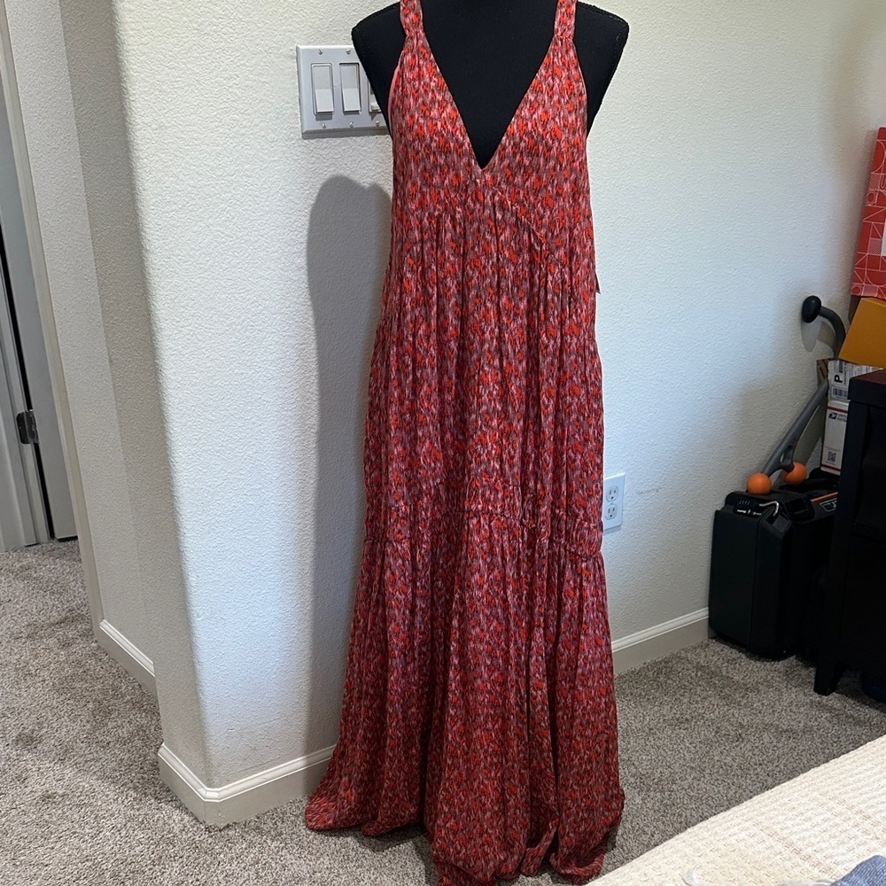 Nwt Joie Bondi Tiered Maxi Dress Red Pink Tea Rose Sleeveless V-Neck... - Picture 4 of 5